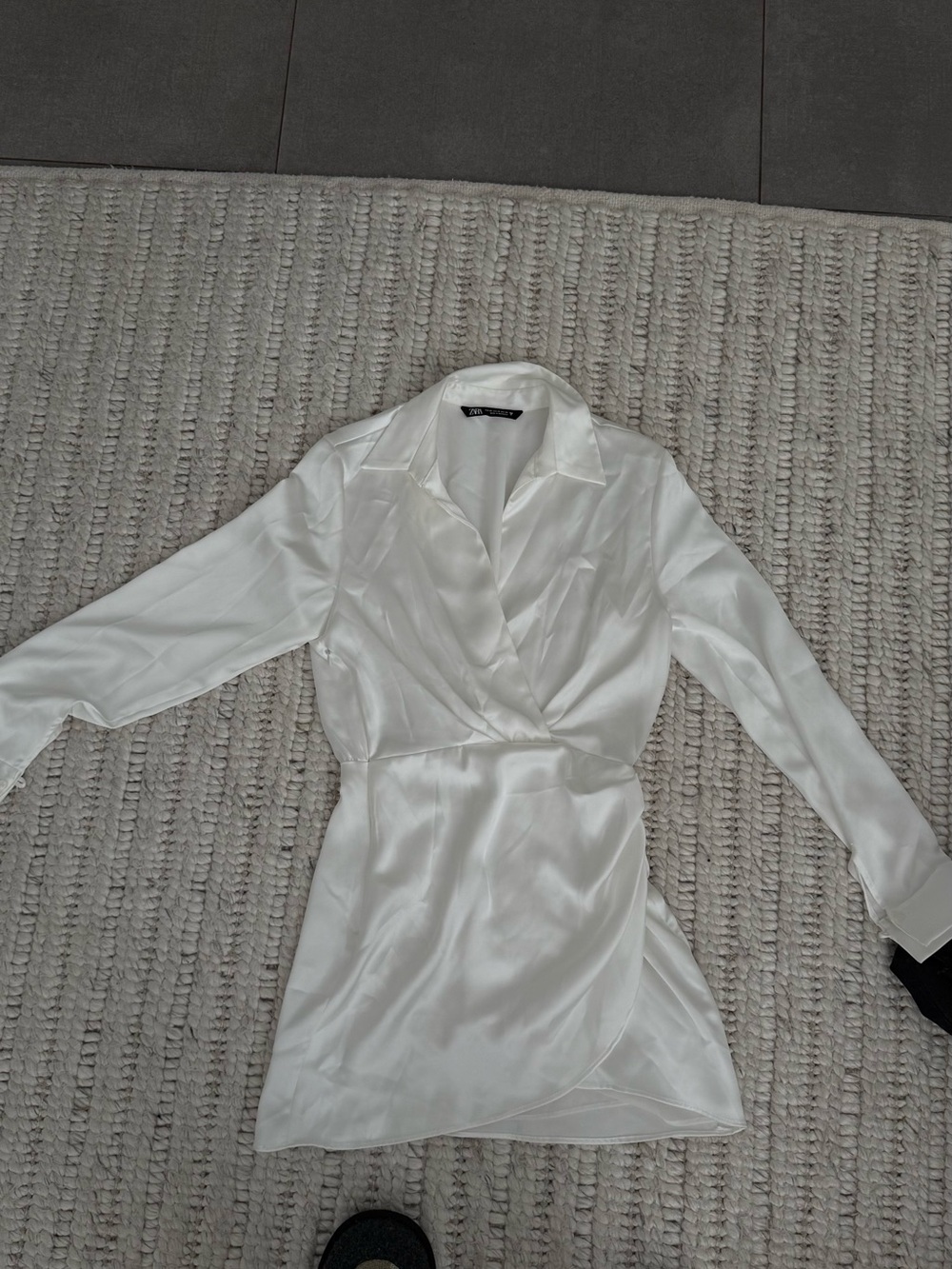 Zara White Satin Faux-Wrap Long Sleeve Mini Dress